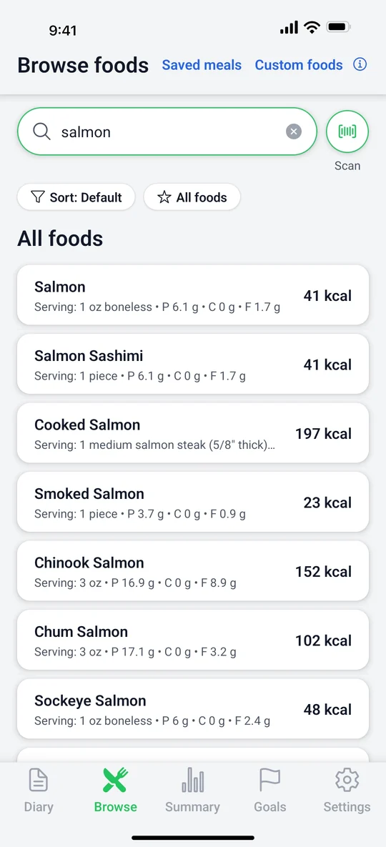 MacroResolve browse food screen